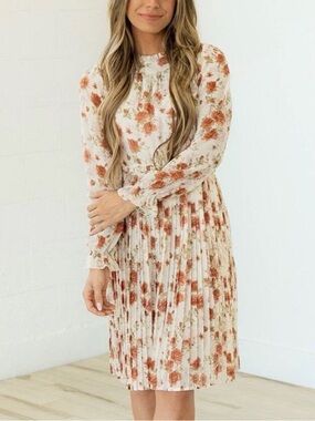 Indie & Co Floral Dress Cream Floral Pleated High Neck Women's Size Large